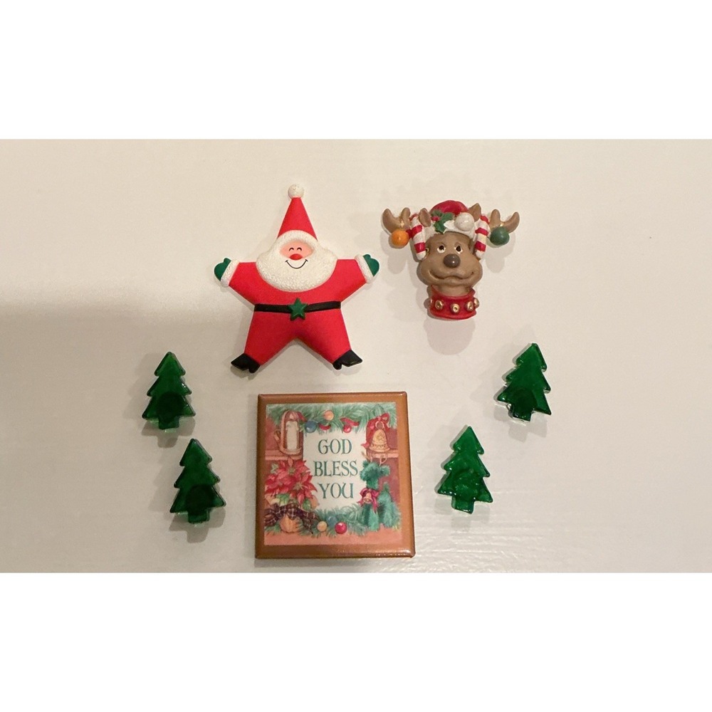 Vintage Lot Of 7 Small Christmas Magnets Including Santa & Small Glass Trees